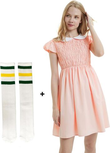 Women's Pure Pink Peter Pan Collar Summer Dresses For Women Short Sleeve,Socks Included in Saudi Arabia