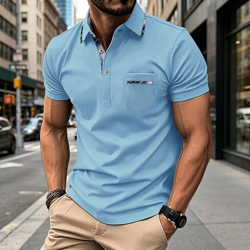 Men's Polo Shirts Short Sleeve Classic Business Casual Golf Athletic Polo Shirts Patchwork Breathable Stylish T-Shirts in Kuwait