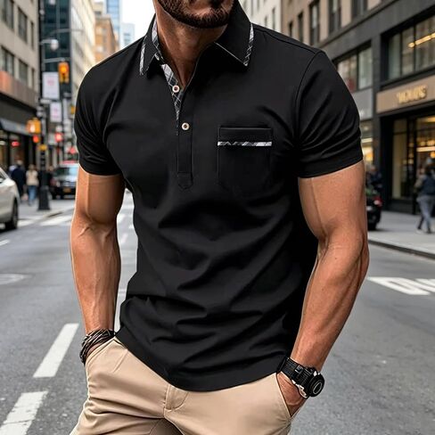 Men's Polo Shirts Short Sleeve Classic Business Casual Golf Athletic Polo Shirts Patchwork Breathable Stylish T-Shirts in Kuwait