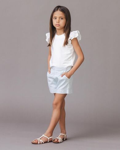 Hope & Henry Girls’ Linen Pull-On Short – Organic Cotton & Linen Blend, Ladder Trim, Elastic Waist, Side Pockets, Blue Chateau Ditsy, 8 in Kuwait