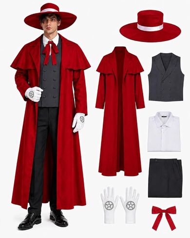Men's Anime Vampire Cosplay Costume Red Long Coat Outfit with Hat Vest Shirt Pants in Saudi Arabia