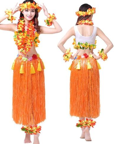 Adults Party Hawaii Dress Hula Grass Skirt Adjustable Skirt Set for Hawaiian Party Fancy Dress Costume 8 PCS 80 CM-Orange in Kuwait