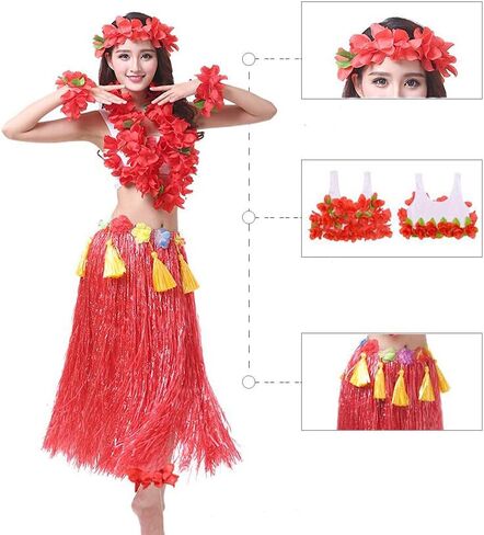 Adults Party Hawaii Dress Hula Grass Skirt Adjustable Skirt Set for Hawaiian Party Fancy Dress Costume 8 PCS 80 CM-Orange in Kuwait