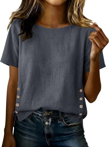 Womens Crewneck Cotton Linen Shirts Summer Dressy Casual Short Sleeve Blouse Loose Button Side Slit Work Tunic Tops in Kuwait
