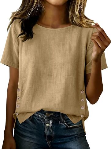 Womens Crewneck Cotton Linen Shirts Summer Dressy Casual Short Sleeve Blouse Loose Button Side Slit Work Tunic Tops in Kuwait
