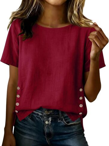Womens Crewneck Cotton Linen Shirts Summer Dressy Casual Short Sleeve Blouse Loose Button Side Slit Work Tunic Tops in Kuwait