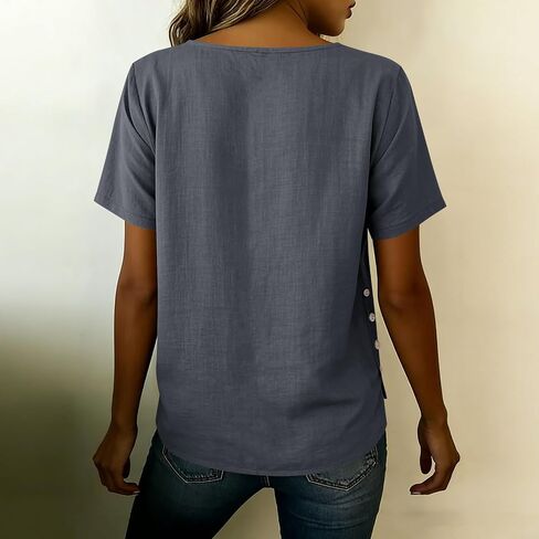Womens Crewneck Cotton Linen Shirts Summer Dressy Casual Short Sleeve Blouse Loose Button Side Slit Work Tunic Tops in Kuwait