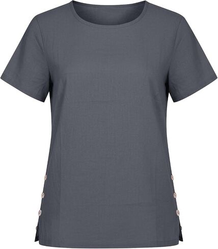 Womens Crewneck Cotton Linen Shirts Summer Dressy Casual Short Sleeve Blouse Loose Button Side Slit Work Tunic Tops in Kuwait
