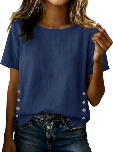 Womens Crewneck Cotton Linen Shirts Summer Dressy Casual Short Sleeve Blouse Loose Button Side Slit Work Tunic Tops in Kuwait