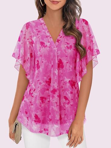 Women's Dressy Casual,Double Layers Mesh Elegant Summer Blouses,Short Sleeve V Neck Women's Tunic Tops S-XXL in Kuwait