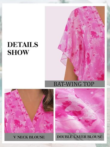 Women's Dressy Casual,Double Layers Mesh Elegant Summer Blouses,Short Sleeve V Neck Women's Tunic Tops S-XXL in Kuwait
