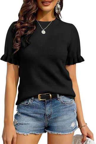 COCCKO Womens Summer Short Sleeve Sweater Ruffle Flowy Sleeve Cute Knit Top Boho Dressy Light Weight Spring Crew Neck T Shirt in Saudi Arabia