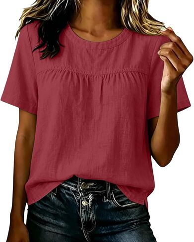 Linen Tops for Women Short Sleeve Summer Blouses Loose Fit Tunic Top Hide Belly Fat Casual Petite Shirts in Saudi Arabia