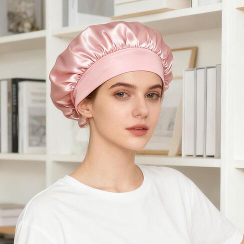 Satin Bonnet for Sleeping, Wide Band Silk Sleep Cap, Large Hair Bonnet for Women with Curly Hair Braids and Natural Styles in Kuwait