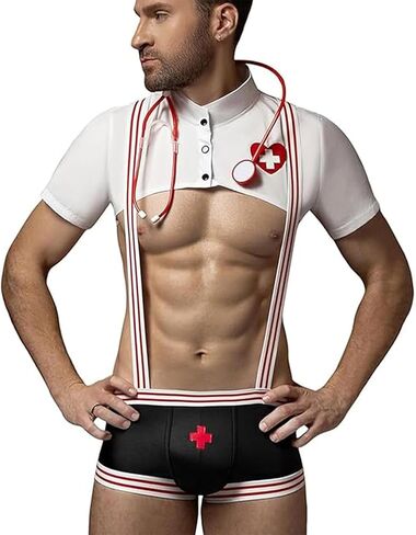 Mens Sexy Nurse Costume Set, Exotic Apparel Underwear, Women Sexy Nurse Costume – Funny Male Doctor Cosplay Outfit with Crop Top, Boxer Shorts, Suspenders & Stethoscope for Halloween Adult Party in Saudi Arabia