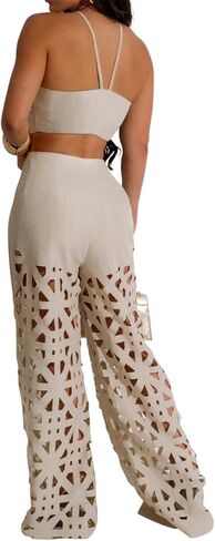 Recious حريمي مثير قطعتين تانك القمم Bodycon واسعة الساق قطع ثقوب السراويل حفلة كلوبوير ملابس رياضية مجموعة، صغير in Kuwait