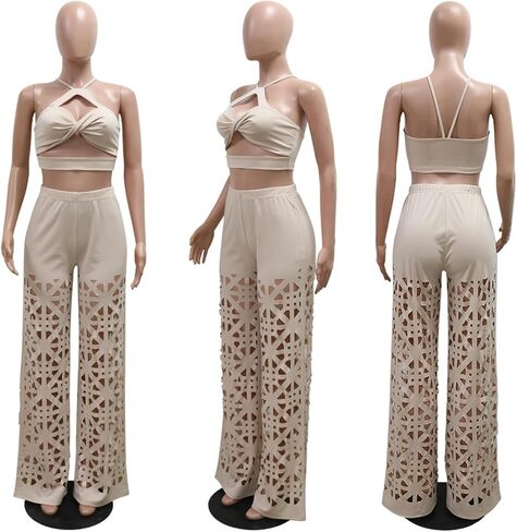 Recious حريمي مثير قطعتين تانك القمم Bodycon واسعة الساق قطع ثقوب السراويل حفلة كلوبوير ملابس رياضية مجموعة، صغير in Kuwait