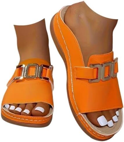 Orange Sandals for Women,Slides Womens Summer Shoes Orthopedic Slides for Women White Sandal Slip on Comfortable Bohemian Low Heels Slippers Wide Width Casual Beach Vacation Walking Shoes in Kuwait