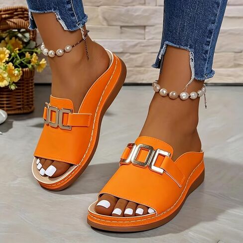 Orange Sandals for Women,Slides Womens Summer Shoes Orthopedic Slides for Women White Sandal Slip on Comfortable Bohemian Low Heels Slippers Wide Width Casual Beach Vacation Walking Shoes in Kuwait