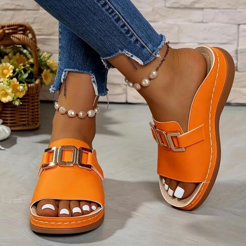 Orange Sandals for Women,Slides Womens Summer Shoes Orthopedic Slides for Women White Sandal Slip on Comfortable Bohemian Low Heels Slippers Wide Width Casual Beach Vacation Walking Shoes in Kuwait