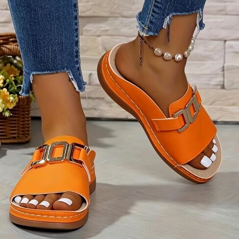 Orange Sandals for Women,Slides Womens Summer Shoes Orthopedic Slides for Women White Sandal Slip on Comfortable Bohemian Low Heels Slippers Wide Width Casual Beach Vacation Walking Shoes in Kuwait