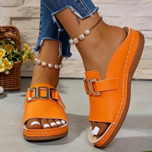 Orange Sandals for Women,Slides Womens Summer Shoes Orthopedic Slides for Women White Sandal Slip on Comfortable Bohemian Low Heels Slippers Wide Width Casual Beach Vacation Walking Shoes in Kuwait
