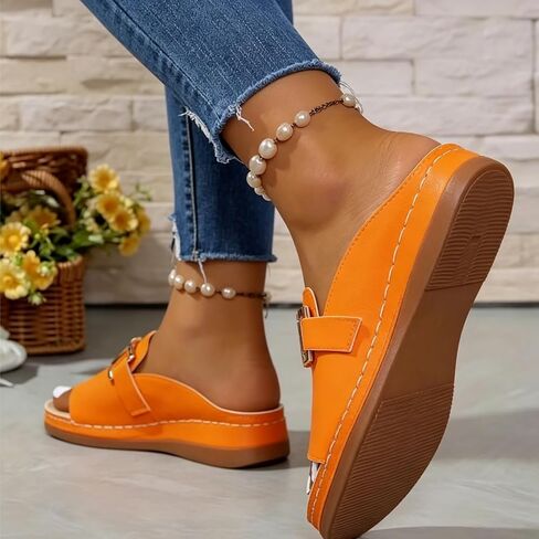 Orange Sandals for Women,Slides Womens Summer Shoes Orthopedic Slides for Women White Sandal Slip on Comfortable Bohemian Low Heels Slippers Wide Width Casual Beach Vacation Walking Shoes in Kuwait