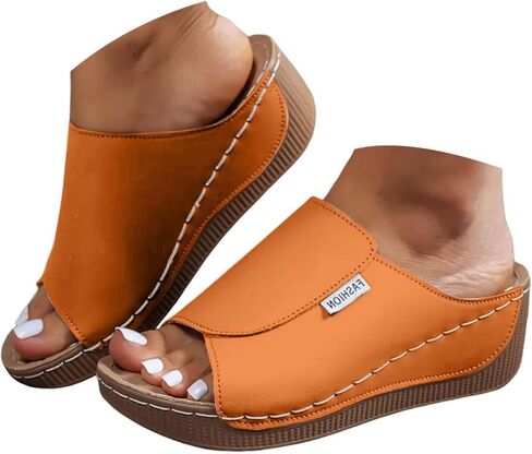 Orange Sandals for Women,Slides Womens Summer Shoes Orthopedic Slides for Women White Sandal Slip on Comfortable Bohemian Low Heels Slippers Wide Width Casual Beach Vacation Walking Shoes in Kuwait