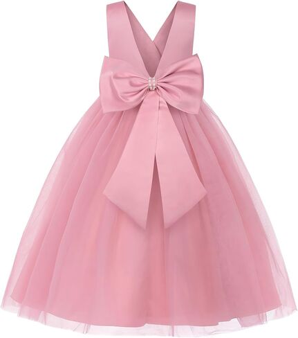 JerrisApparel Girls' Tulle Flower Girl Dress Sleeveless Princess Party Gown for Kids with Pearl Waist Large Bow in Kuwait