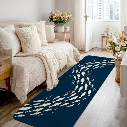 Fish Runner Rug, Nautical Modern Bubbles Water Summer Navy Low Pile Sponge Rectangle Floor Carpets Edge Binding for Kitchen Entryway Bathroom Doorway Decor 2x8 Ft in Kuwait