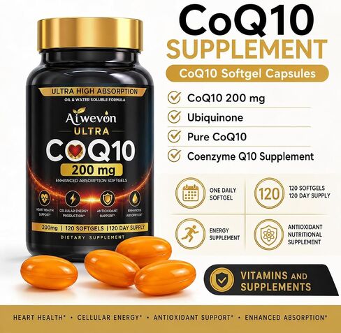 CoQ10 200mg Softgels, Coenzyme Q10 (Ubiquinone) Supplement, High Absorption Formula with Vitamin E, Antioxidant Support, Cellular Energy Support, Heart Wellness Supplement, 120 Softgels in Saudi Arabia