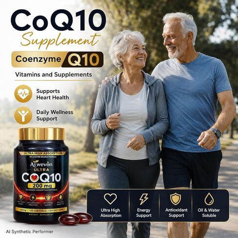 CoQ10 200mg Softgels, Coenzyme Q10 (Ubiquinone) Supplement, High Absorption Formula with Vitamin E, Antioxidant Support, Cellular Energy Support, Heart Wellness Supplement, 120 Softgels in Saudi Arabia