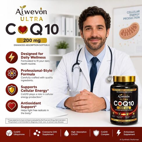 CoQ10 200mg Softgels, Coenzyme Q10 (Ubiquinone) Supplement, High Absorption Formula with Vitamin E, Antioxidant Support, Cellular Energy Support, Heart Wellness Supplement, 120 Softgels in Saudi Arabia