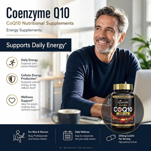 CoQ10 200mg Softgels, Coenzyme Q10 (Ubiquinone) Supplement, High Absorption Formula with Vitamin E, Antioxidant Support, Cellular Energy Support, Heart Wellness Supplement, 120 Softgels in Saudi Arabia
