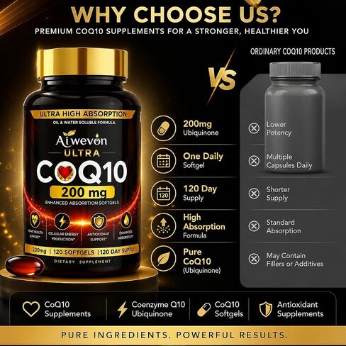 CoQ10 200mg Softgels, Coenzyme Q10 (Ubiquinone) Supplement, High Absorption Formula with Vitamin E, Antioxidant Support, Cellular Energy Support, Heart Wellness Supplement, 120 Softgels in Saudi Arabia