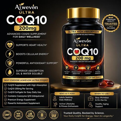 CoQ10 200mg Softgels, Coenzyme Q10 (Ubiquinone) Supplement, High Absorption Formula with Vitamin E, Antioxidant Support, Cellular Energy Support, Heart Wellness Supplement, 120 Softgels in Saudi Arabia