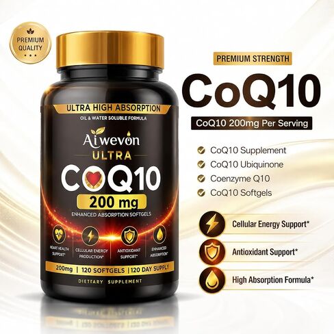 CoQ10 200mg Softgels, Coenzyme Q10 (Ubiquinone) Supplement, High Absorption Formula with Vitamin E, Antioxidant Support, Cellular Energy Support, Heart Wellness Supplement, 120 Softgels in Saudi Arabia