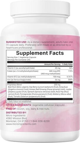 Micro Ingredients Iron Bisglycinate Supplement (Ferrous Bisglycinate) | 14-in-1 Chelated Iron Complex with Folate, Vitamins B12 & C, Botanical Blend | 240 Veggie Capsules | Non-GMO in Kuwait
