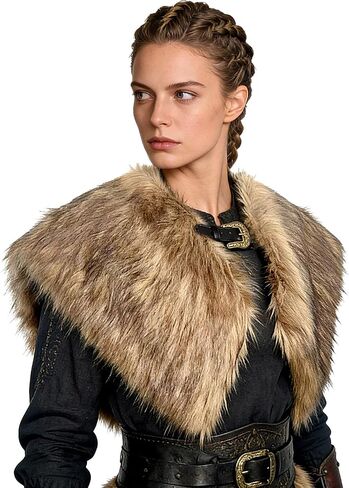 L'VOW Women's Viking Fur Shawl Capelet with Buckle | Renaissance Fur Mantle, Soft Plush Faux Fur, Metal Buckle, for Viking Queen Ren Faire Halloween LARP Medieval cosplay in Kuwait
