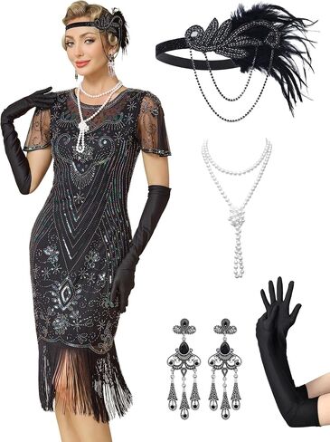 Great Gatsby Lace Neck Flapper Dress - 1920s Dress for Women With Sleeve - Roaring 20s Costume in Saudi Arabia
