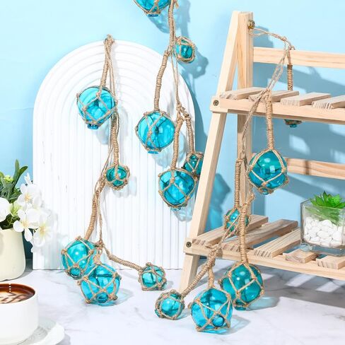 LemonRoad Plastic Fishing Floats String of 3 Light Blue Japanese Plastic Fishing Floats with 6 Buoy Balls 21.3 Inches Nautical Rope Beach Hut Decoration Coastal Buoys Ornaments for Summer Ocean Beach in Saudi Arabia