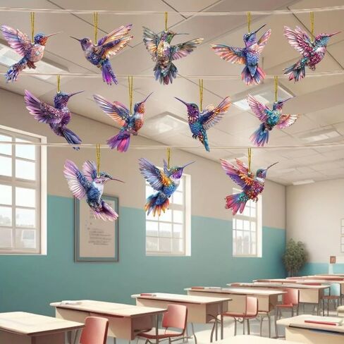 12PCS Hummingbird Christmas Hanging Ornaments with Rope - Multi-Color Pendants | for Home, Window, Tree Branches & Party Displays | Hummingbird Decorations in Kuwait