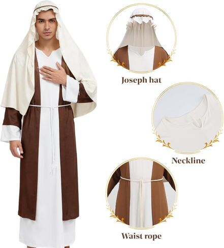 Joseph Costume for Mens, Adults Shepherd Cosplay Jesus Robe Biblical Religious Outfits with Headpiece Halloween (Medium, Brown) in Kuwait