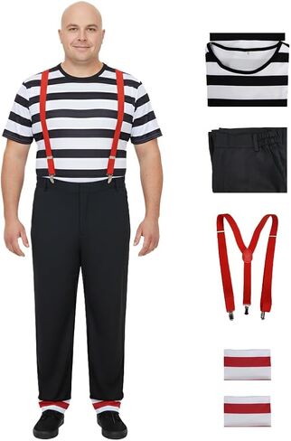 Tweedle Dee and Tweedle Dum Costume Mens Striped T-shirt Pants Set with Suspenders Wonderland Cosplay Outfits in Saudi Arabia