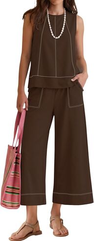 LOMON Two Piece Sets for Women Summer Outfits Sleeveless Tank Tops Wide Leg Crop Pants Matching Lounge Vacation Travel in Kuwait