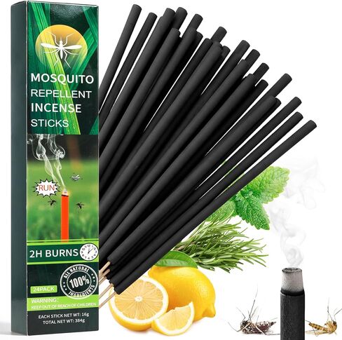 24 Pack Mosquito Incense Sticks for Outdoor Patio Backyard Indoors Camping Travel Yoga, DEET Free Mosquito Repellent Sticks Safe for Kids Pets, Long-Lasting 2-Hour Burn Time, Black in Saudi Arabia