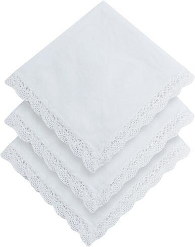 3 PCS Pure Cotton Handkerchiefs for Women, White Ladies Hankies with Lace Design, Soft Lace Handkerchiefs for Women for Wedding, Bride Celebration & Daily Use in Saudi Arabia