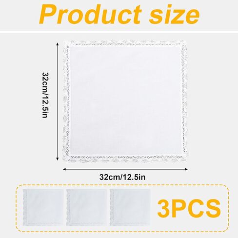 3 PCS Pure Cotton Handkerchiefs for Women, White Ladies Hankies with Lace Design, Soft Lace Handkerchiefs for Women for Wedding, Bride Celebration & Daily Use in Saudi Arabia