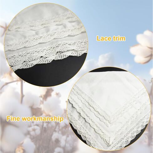 3 PCS Pure Cotton Handkerchiefs for Women, White Ladies Hankies with Lace Design, Soft Lace Handkerchiefs for Women for Wedding, Bride Celebration & Daily Use in Saudi Arabia