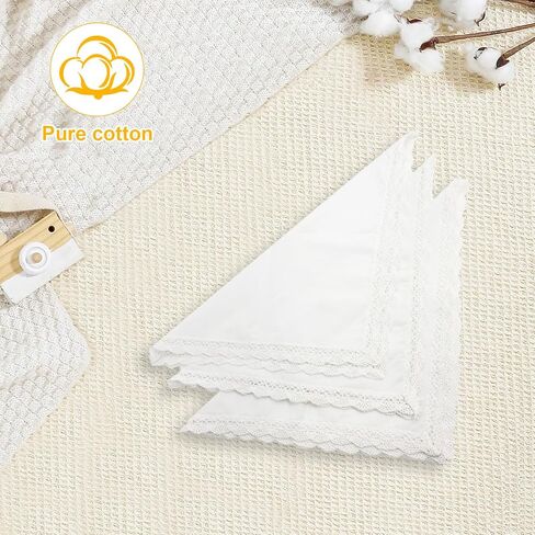 3 PCS Pure Cotton Handkerchiefs for Women, White Ladies Hankies with Lace Design, Soft Lace Handkerchiefs for Women for Wedding, Bride Celebration & Daily Use in Saudi Arabia